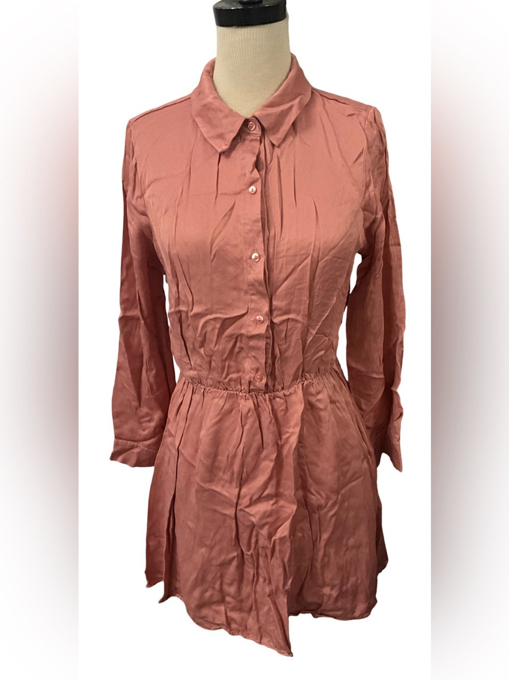 Zara Dusty Rose Pink Button Front Long Sleeve Mini Shirt Dress Size L